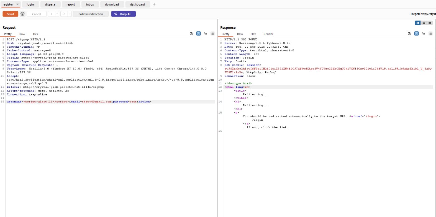 Cadastro de usuário com payload de XSS no nome